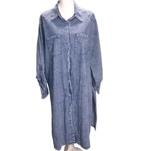 Ashley Stewart Chambray Button Front Shirt Dress Long Sleeve Relaxed Midi Blue
